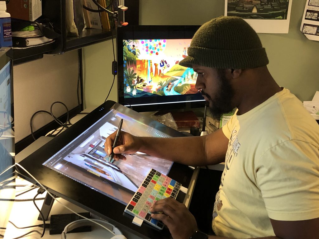 Imagineer working on murals for Children's Hospital.