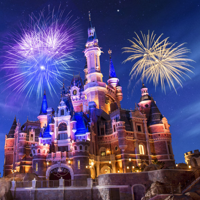 Fireworks display behind the Enchanted Storybook Castle at Shanghai Disney Resort.
