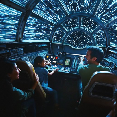 Guests operating the Millennium Falcon during the Millenium Falcon: Smuggler's Run attraction.