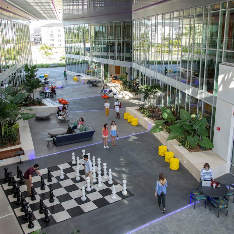 Overhead view of the atrium at the Education Center at Flamingo Crossings Village