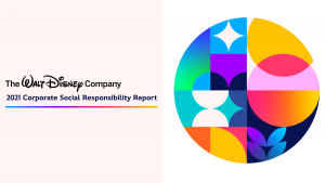 Circle with graphic elements of social responsibility, text: The Walt Disney Company 2021 Corporate Social Responsibility Report