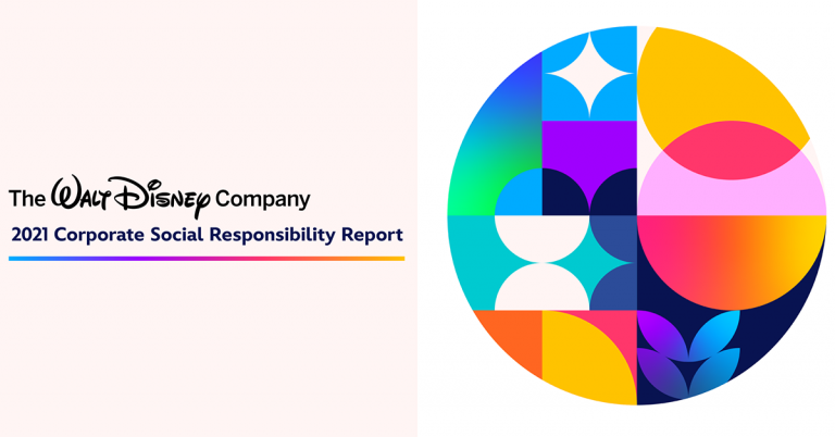 Circle with graphic elements of social responsibility, text: The Walt Disney Company 2021 Corporate Social Responsibility Report