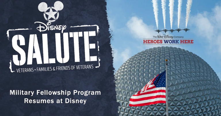 EPCOT Spaceship Earth with American flag in front and five fighter planes flying over, text: Disney Salute Veterans - Families & Friends of Veterans Military Fellowship Program Resumes at Disney
