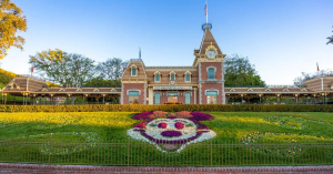 Minnie Mouse floral design at the entrance to Disneyland Resort.