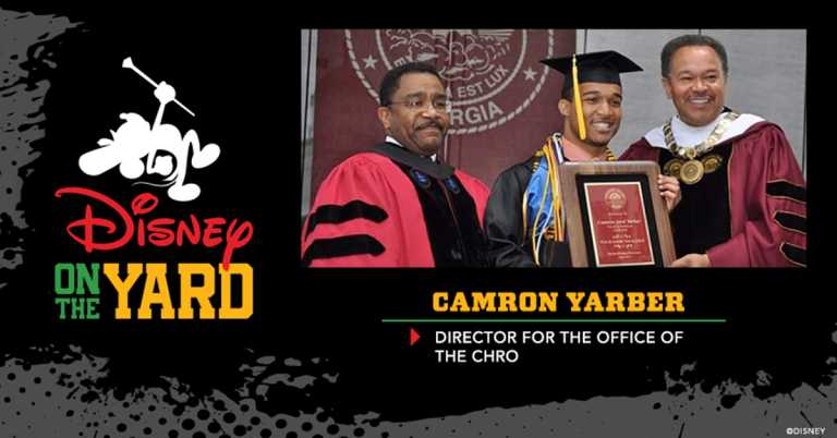 Photo of Camron Yarber at graduation ceremony, Text: Camron Yarber Director for the Office of the CHRO Disney on the Yard