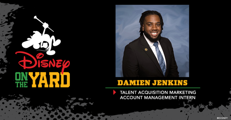 Photo of Damien Jenkins, Text: Damien Jenkins Talent Acquisition Marketing Account Management Intern Disney on the Yard