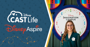 Photo of Liane in front of the Disney Imagination Campus sign, Text: Disney Cast Life Disney Aspire