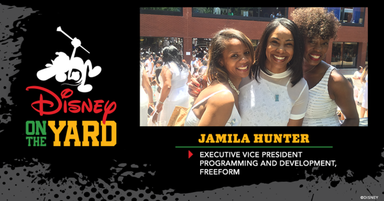 Photo of Jamila Hunter and two friends at her HBCU, Text: Disney on the Yard Jamila Hunter Executive Vice President Programming and Development, Freeform