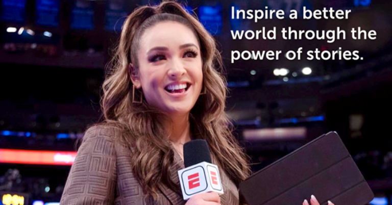Photo of ESPN employee holding a microphone and iPad at sporting event, Text: Inspire a better world through the power of stories.