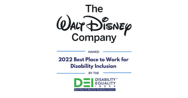 Text: The Walt Disney Company Names 2022 Best Place to Work for Disability Inclusion by the Disability Equality Index