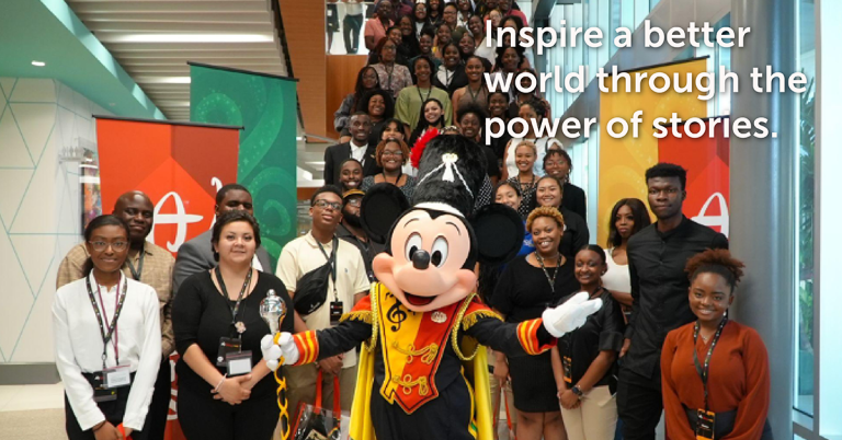 Drum Major Mickey at the Disney on the Yard HBCU Summer College Program Kicks Off event, Text: Inspire a better world through the power of stories.