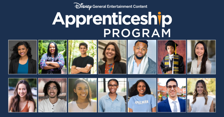 Headshot's of the 14 people selected for the Disney DGE Apprenticeship Program, Text: Disney General Entertainment Content Apprenticeship Program