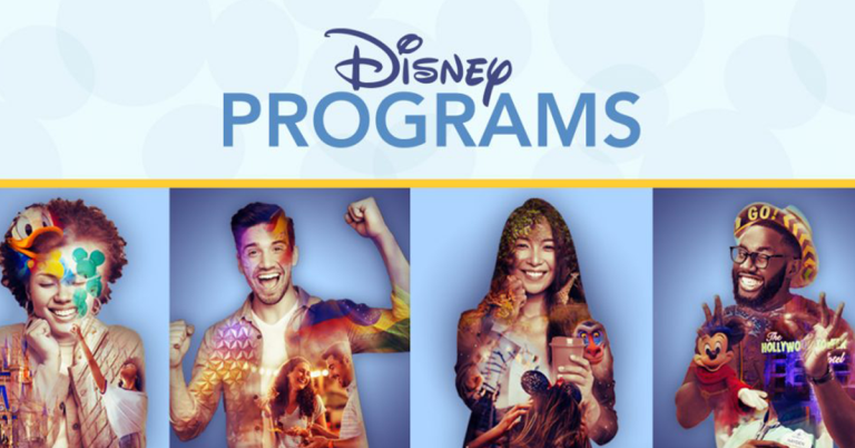 Four people with projections on them of various Disney IP, Text: Disney Programs