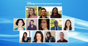 Photo collage of the 12 DGE Writing Program participants, Text: Disney General Entertainment Content