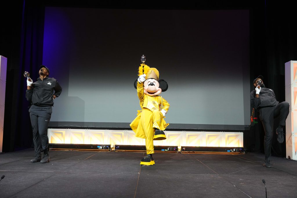 Drum Major Mickey Mouse and his two drum majors make a surprise appearance the Opening Ceremony and perform
