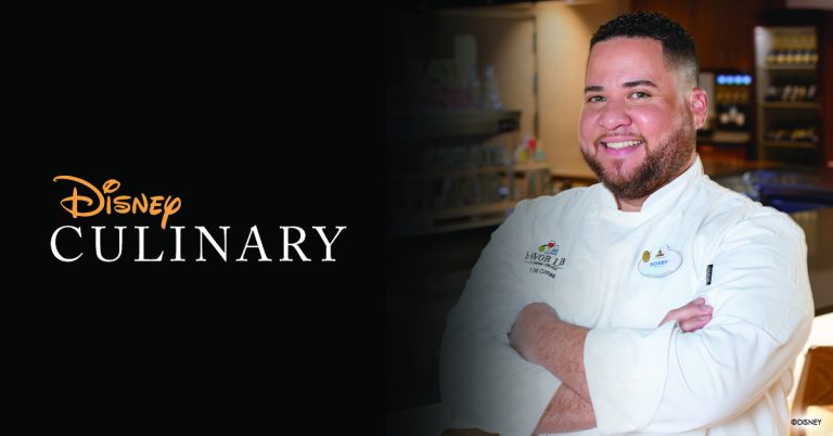Bobby Otero in chefs jacket, Text: Disney Culinary