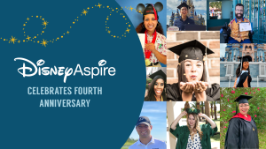 Collage of Disney Aspire students and alumni, Text: Disney Aspire Celebrates Fourth Anniversary