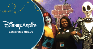 Quen Mitchel with the characters Jack and Sally, Text: Disney Aspire Celebrates HBCUs