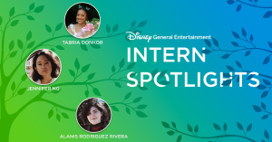 Green to blue gradient background with a graphic of a tree with three circles with headshots of the three interns spotlighted in the story, Text: Disney General Entertainment Intern Spotlight