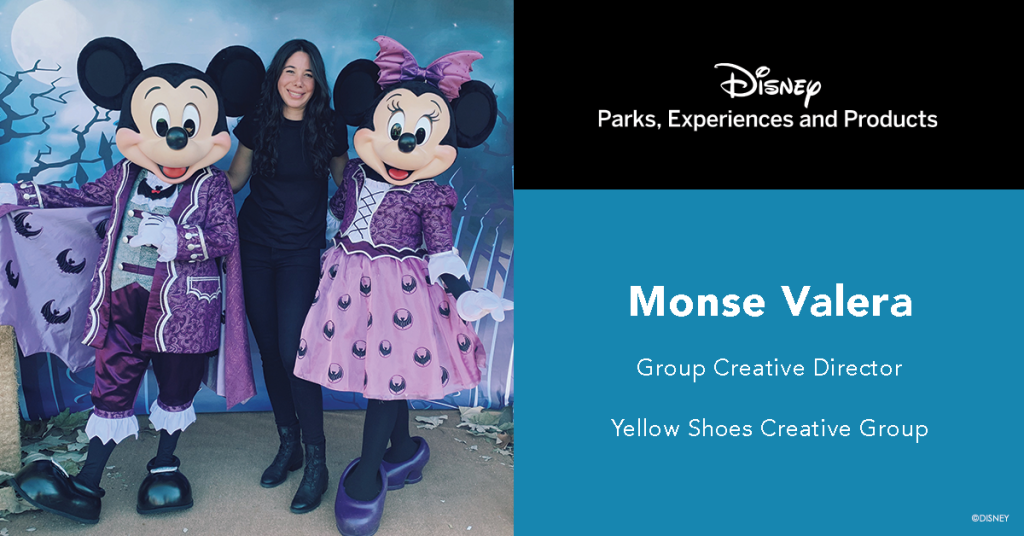 Monse Valera posing with Mickey Mouse and Minnie Mouse.