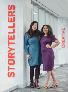 Two women standing in the hallway of the ESPN offices in Bristol, CT.