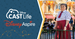 Fran on Main Street USA at Disneyland Resort, Text: Disney CastLife Disney Aspire