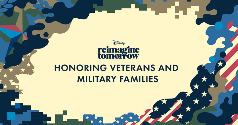 Text: Disney Reimagine Tomorrow Honoring Veterans and Military Families
