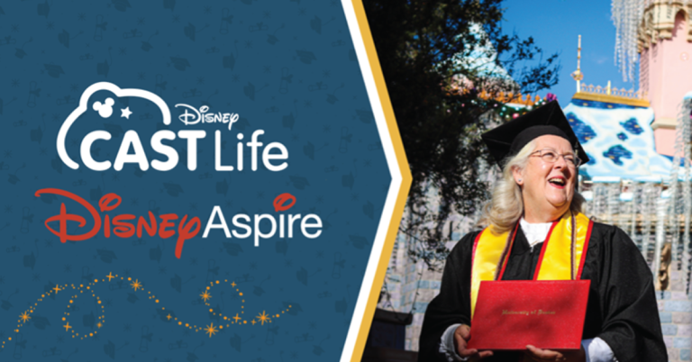 Disneyland Resort Cast Member J’Amy Pacheco attending her graduation, Text: Disney Cast Life Disney Aspire