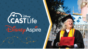 Disneyland Resort Cast Member J’Amy Pacheco attending her graduation, Text: Disney Cast Life Disney Aspire