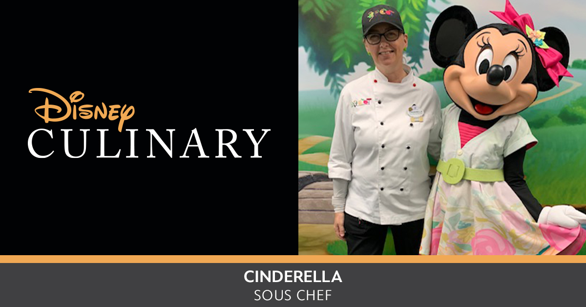 Disney Culinary Sous Chef Cinderella smiling while posing with Minnie Mouse