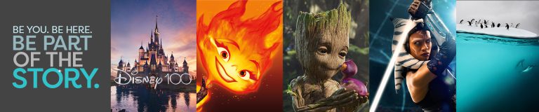 The Walt Disney Company's Be Part of the Story Banner featuring images of a castle, Ember from Disney's Elemental, Baby Groot, Ahsoka and penguins on an iceberg above a vast body of water.