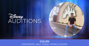 Disney Auditions logo with a photo of performer Cullen from Walt Disney World