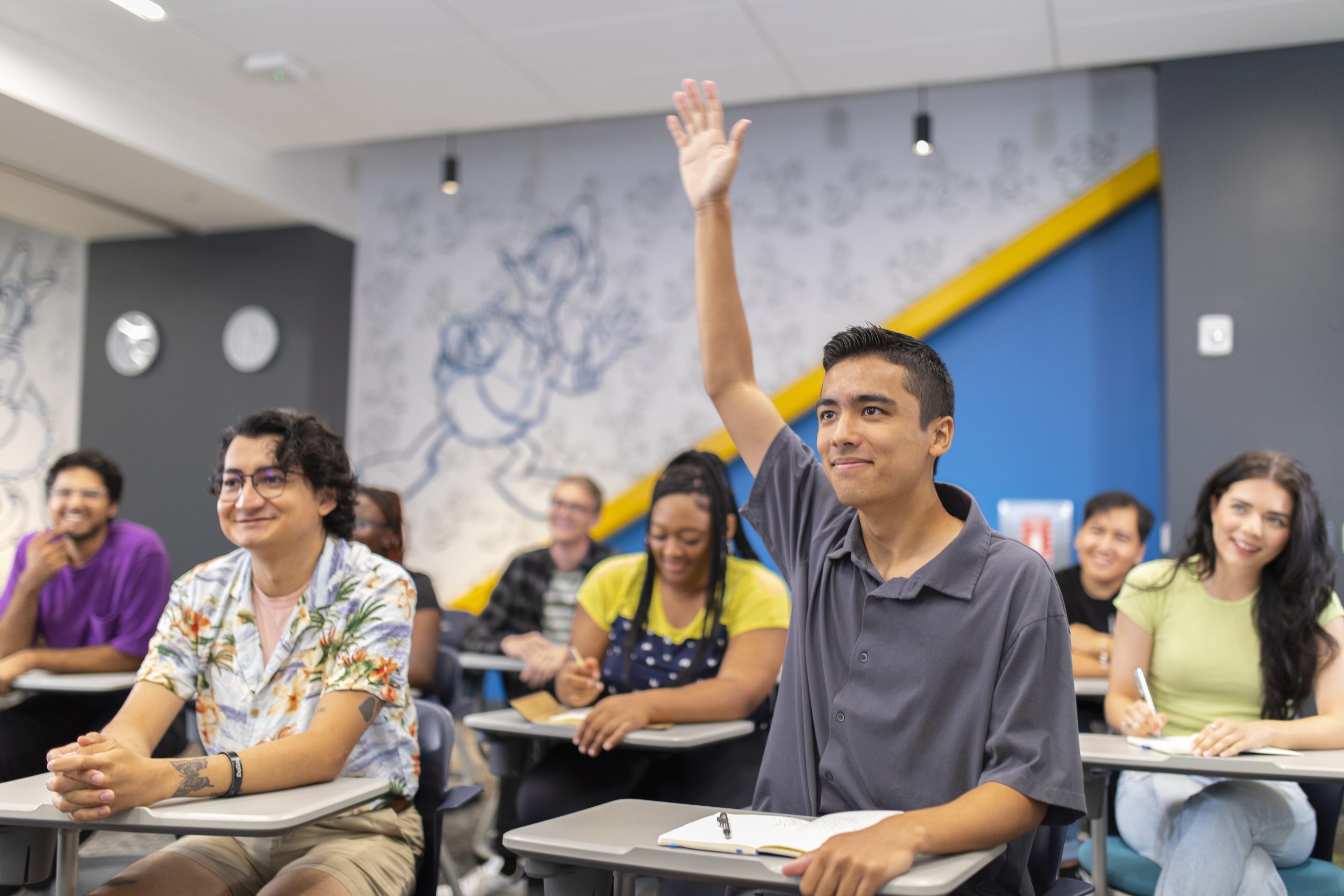 Student raising their hand in a classroom