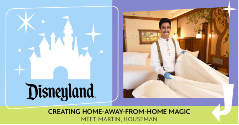 Disneyland Houseman Cast Member posing while changing the sheets on a resort bed