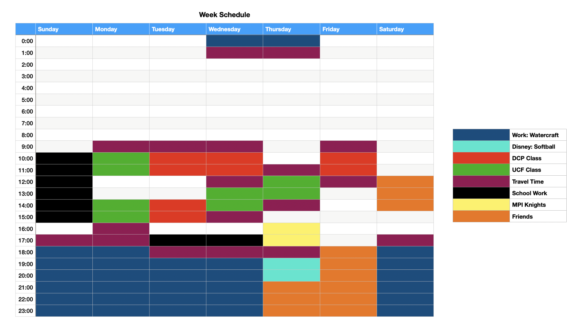 Benny’s color-coded schedule for one week.