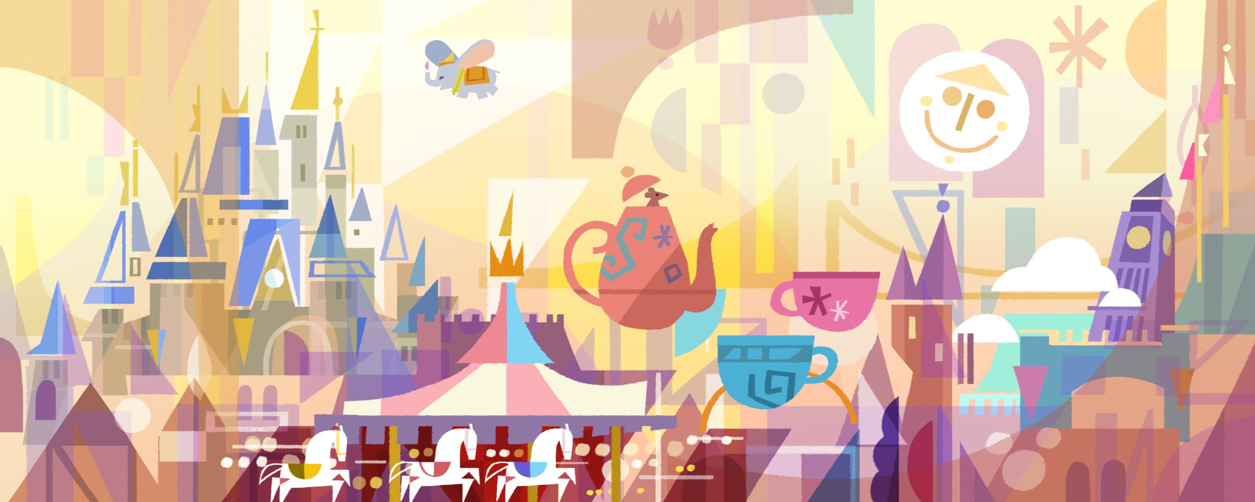 "Fantasyland had such a warmth to it, so I wanted the piece to have a sunset-twilight atmosphere. Within the design, you see the carousel (Prince Charming Regal Carousel), smiling clock (“It’s a Small World”), Big Ben (Peter Pan’s Flight) and teacups (Mad Tea Party). It was a fun challenge choosing symbols recognizable to each ride, rather than drawing the entire attraction. It shows just show impactful a couple of teacups are.” -Joey Chou