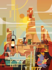 "Orange against the mountain feels very iconic to Frontierland, so I created this piece with that in mind. I built the color palette with warmer tones that may complement a sunset during golden hour while also adding elements unique to the land.” - Joey Chou