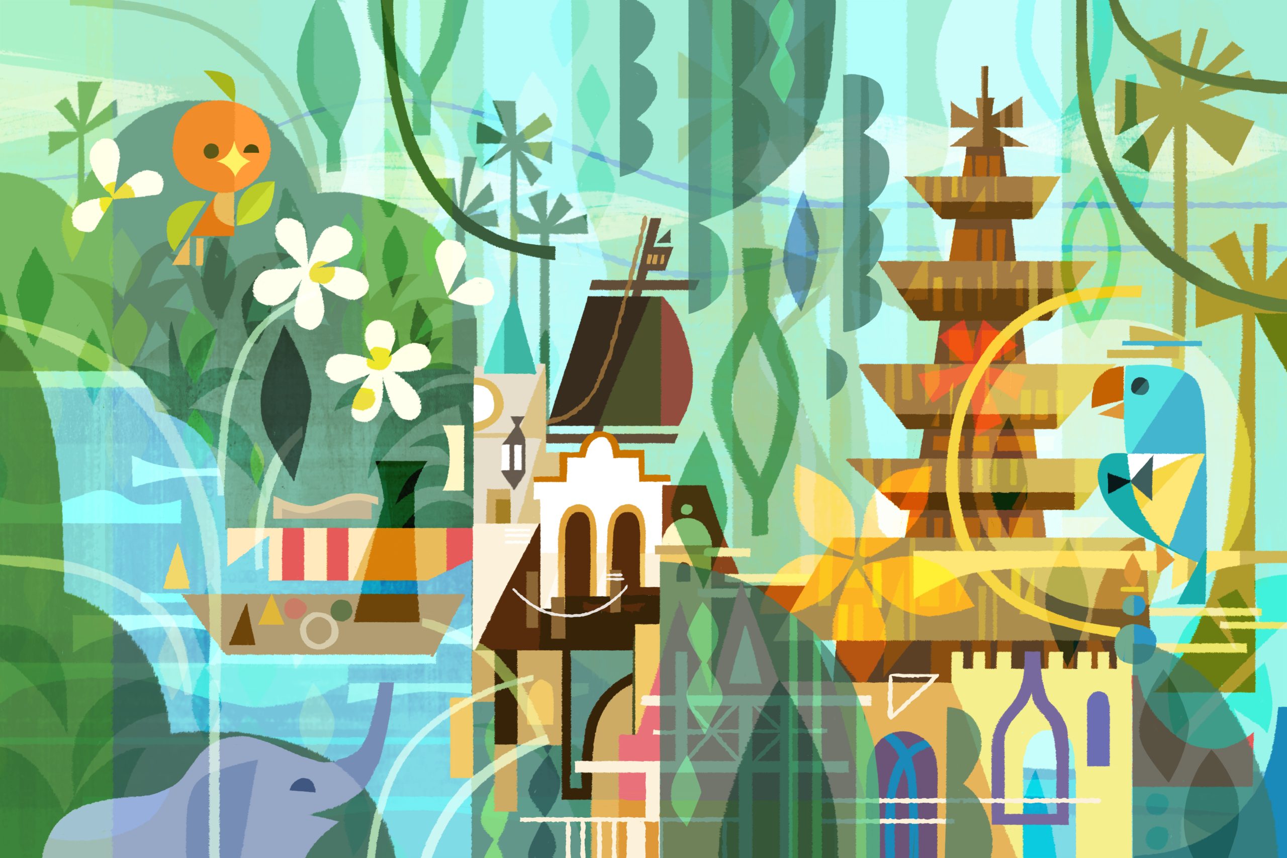 Inspired by the land where the birds sing words and flowers croon; where skippers take sandstone for granite; where an orange bird has timeless a-peel; where a pirate can not only pilfer, filch and sack, but also maraud and embezzle...and even highjack, Joey Chou’s Adventureland art (framed in the bedroom) is midcentury magic.