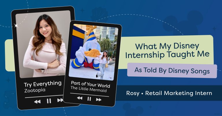 Promotional graphic featuring Disney intern Rosy, with two music player-style images labeled “Try Everything – Zootopia” and “Part of Your World – The Little Mermaid,” illustrating internship lessons through Disney songs.