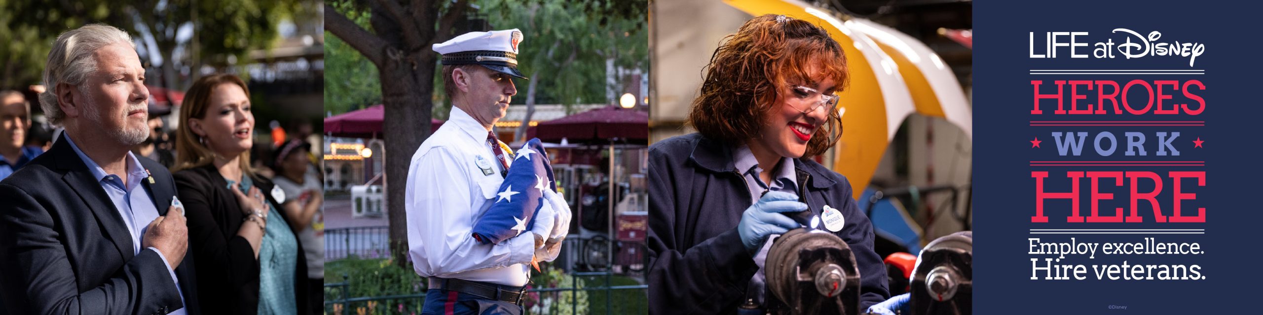 Two Disney cast members holding their right hand over their hearts, one security Disney cast member holding a folded American flag, a female cast member working on mechanics of a ride and the Heroes Work Here logo.