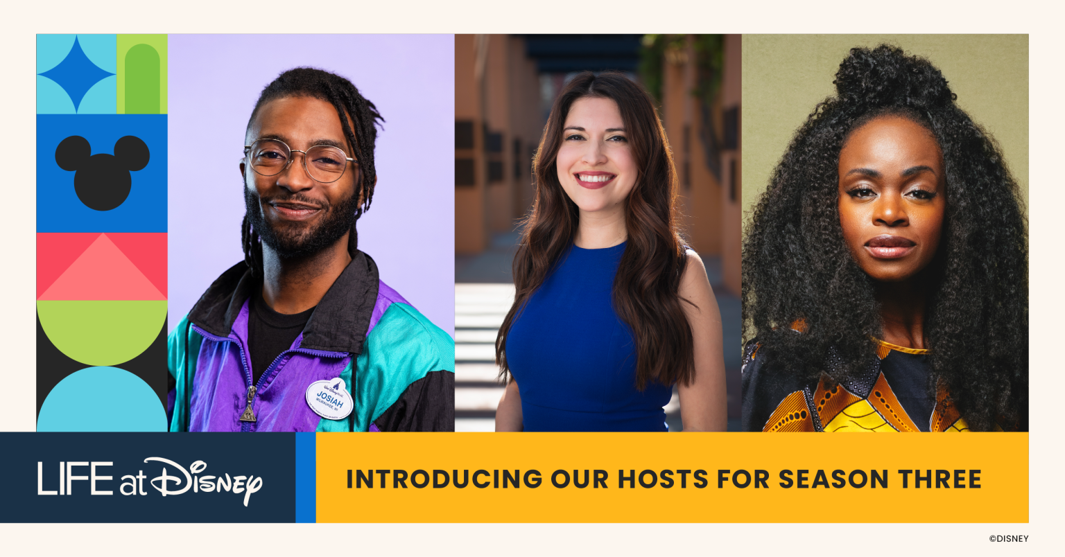 Graphic promoting Life at Disney Season Three hosts, featuring colorful geometric designs, the Disney logo, and three individuals standing side by side.