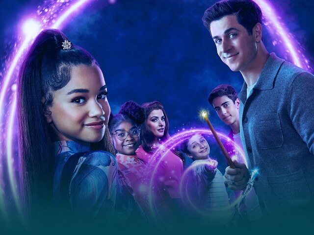 wizards beyond Graphic of cast of "Wizards Beyond Waverly Place" with purple background