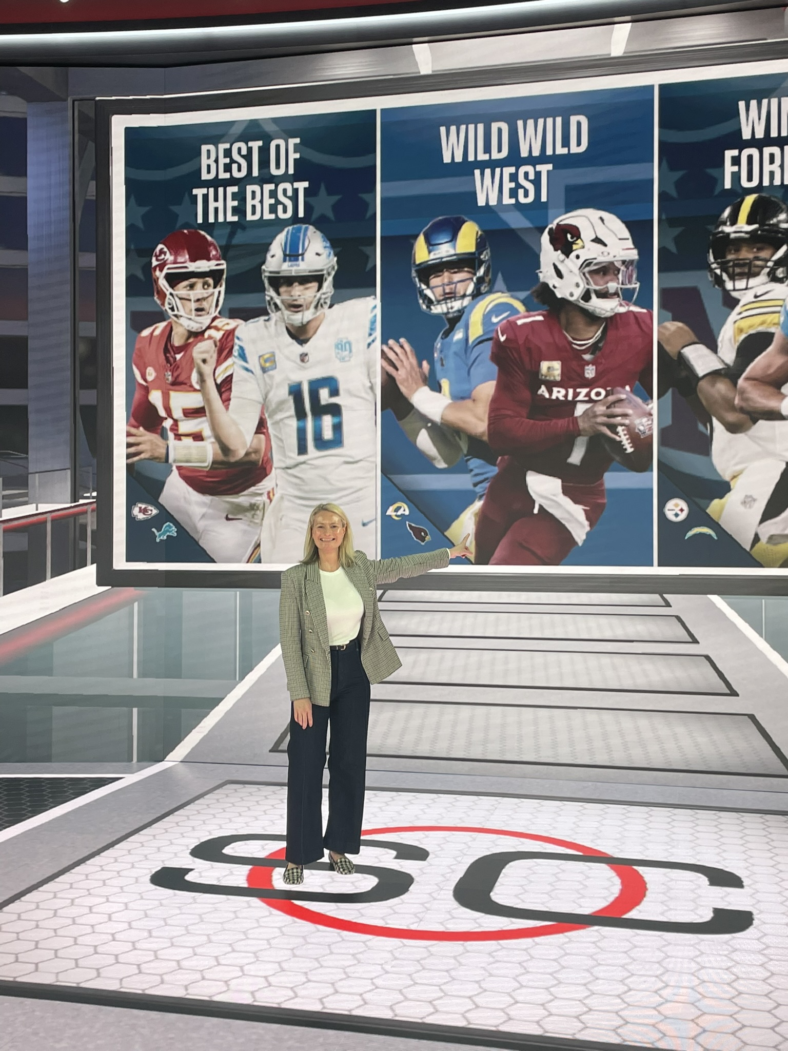 Jemma posing on set on Sports Center during the NFL season