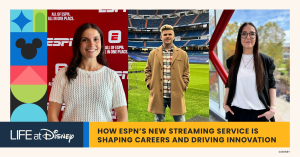 Collage featuring Life at Disney branding and three individuals in professional settings, highlighting ESPN&rsquo;s new streaming service and its role in shaping careers and driving innovation.