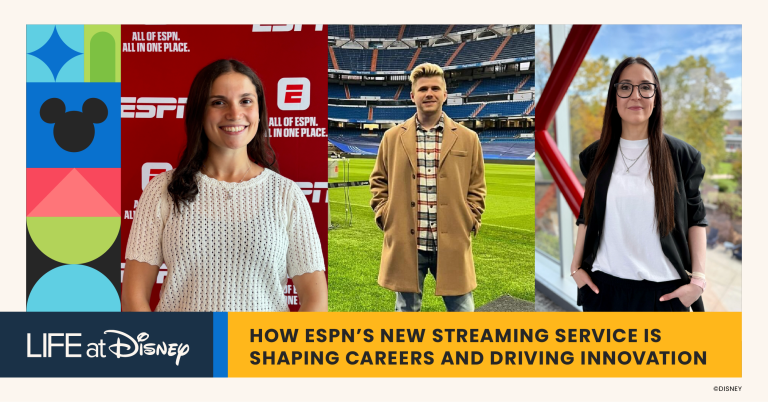 Collage featuring Life at Disney branding and three individuals in professional settings, highlighting ESPN’s new streaming service and its role in shaping careers and driving innovation.