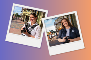 Same theme park photographer shown in two different uniforms, holding a camera on a street with park architecture in the background.