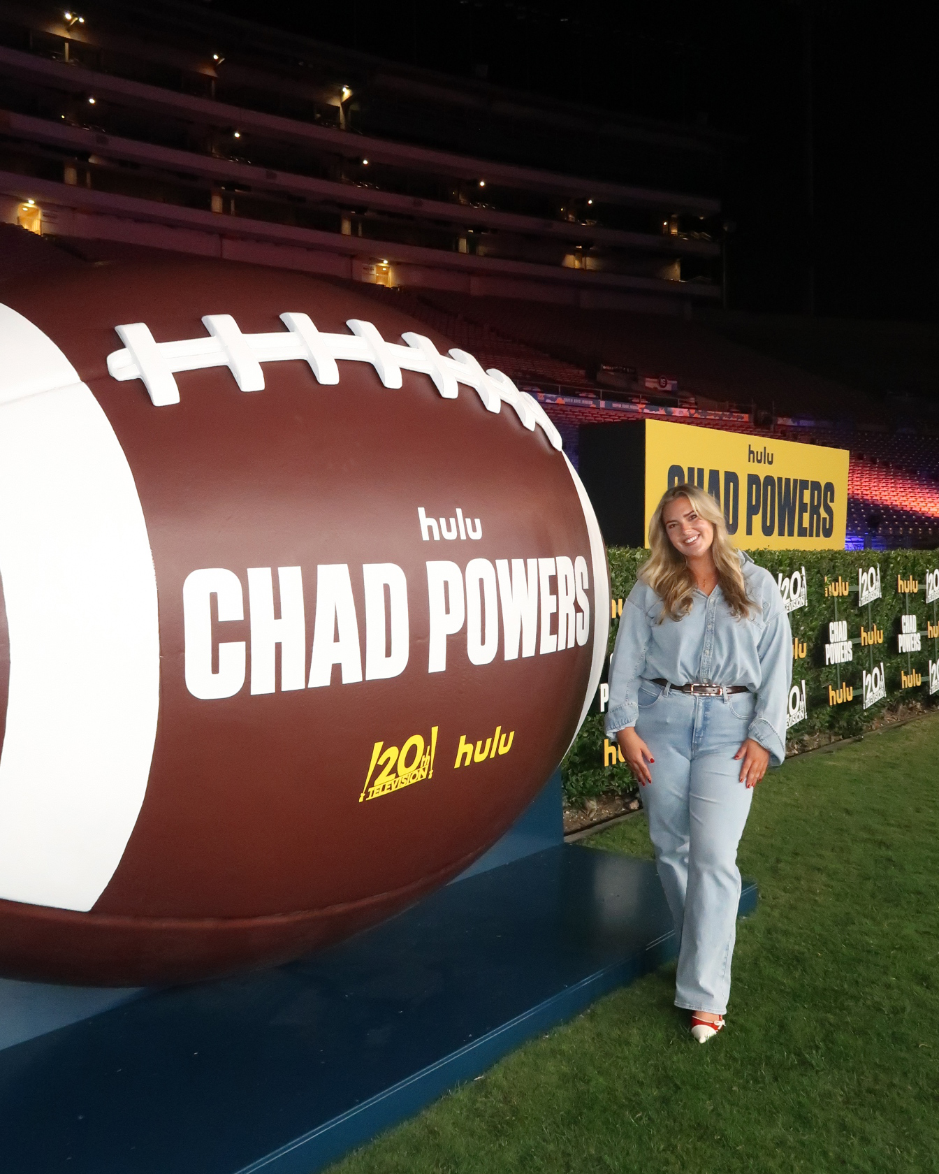 Hulu promotional display featuring a large Chad Powers football, highlighting social media campaigns and fan‑first storytelling at The Walt Disney Company.
