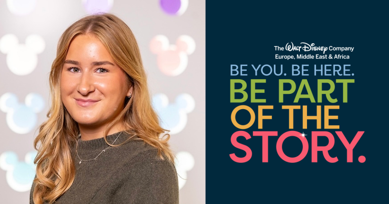 Disney UK Market Research Apprentice Lucy from the Brand Management team, photographed against a colorful Disney-themed background.