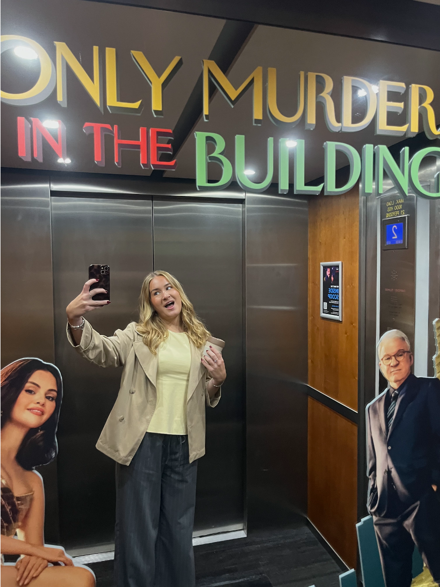 Disney office activation themed around &ldquo;Only Murders in the Building,&rdquo; showcasing branded displays inside a corporate workspace.