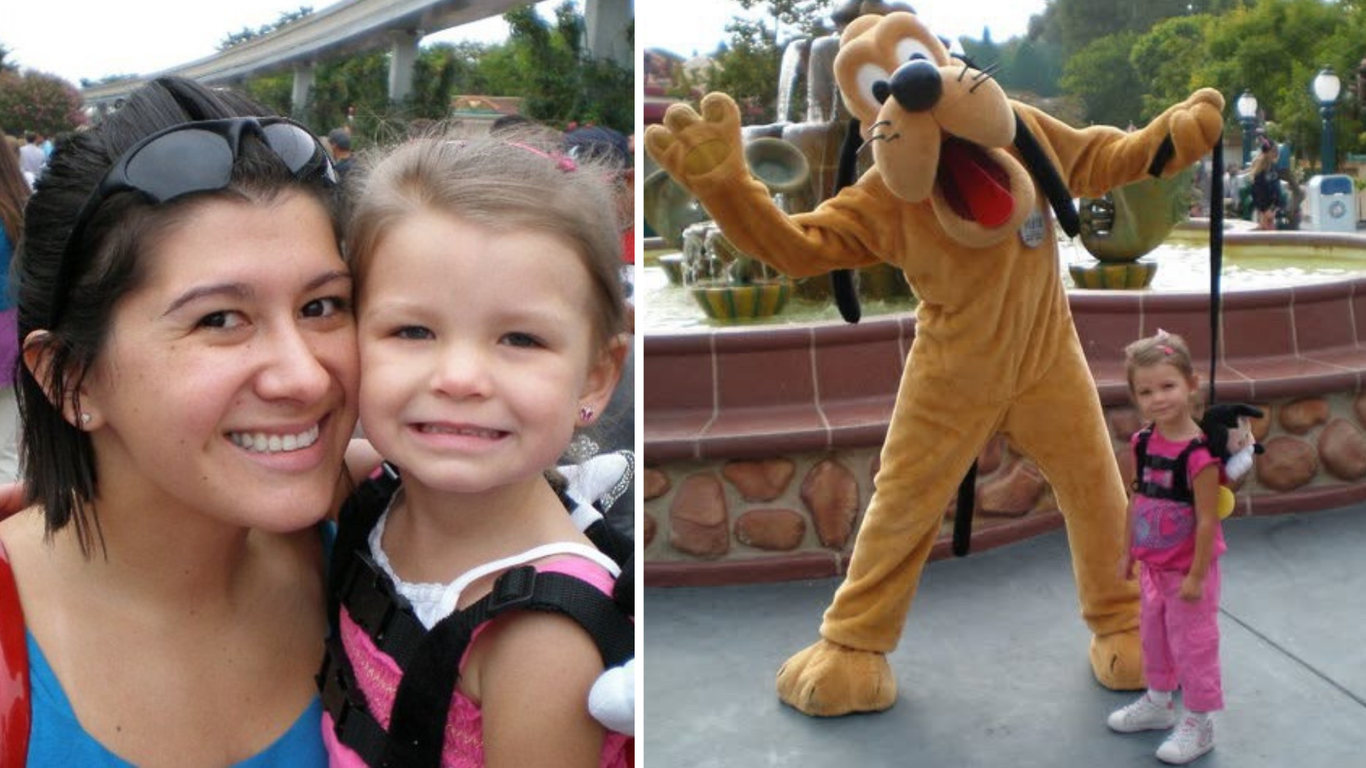 Rosa on a Disneyland Resort trip with her daughter. Her daughter posing with Pluto